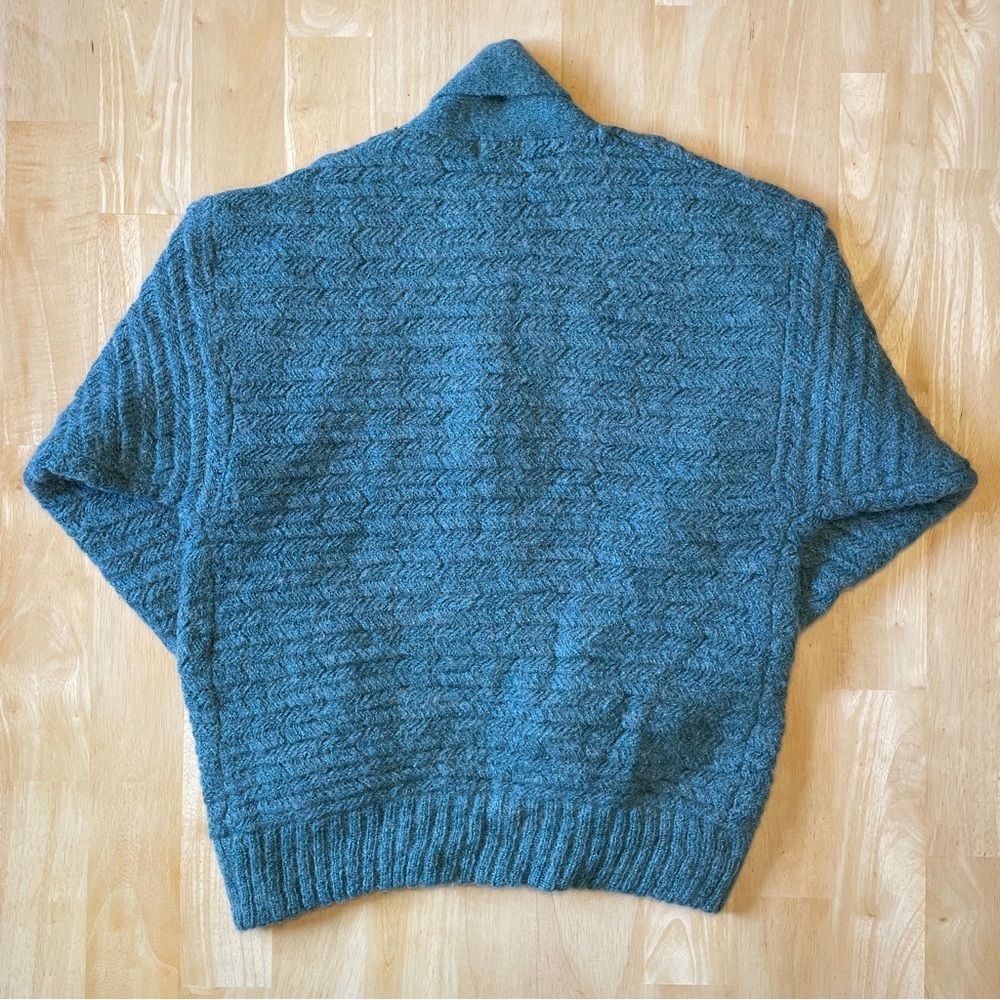 Vintage 80s Wool Blend Knit Double Breasted Shawl Collar Cardigan - Teal - Picture 2 of 13